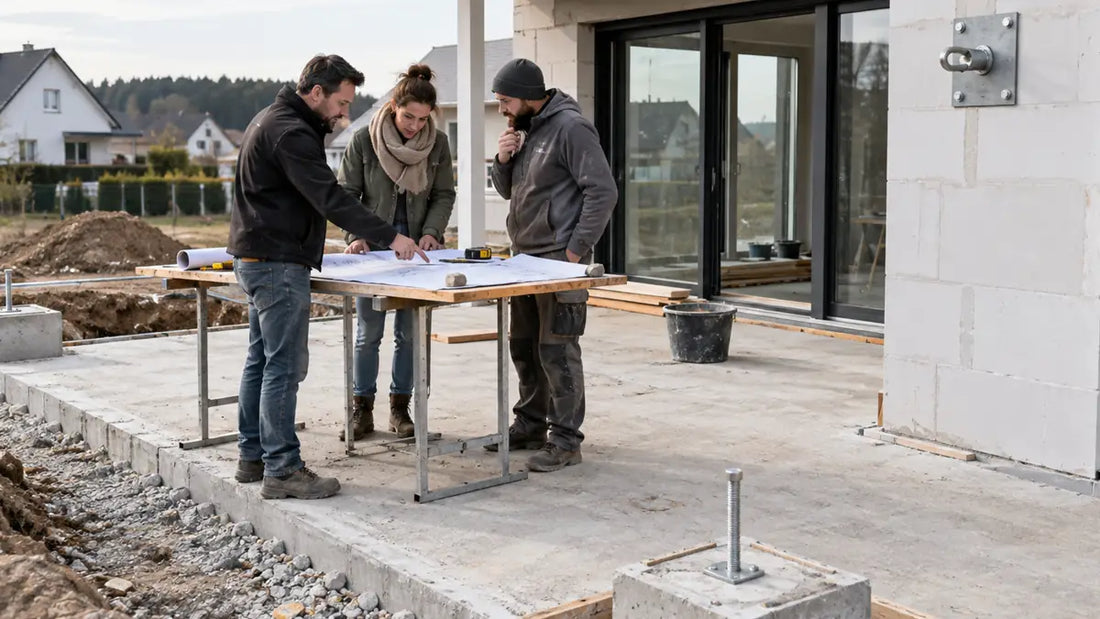 Bauherren und Handwerker planen Fundamente und Wandanschlüsse für ein späteres Sonnensegel