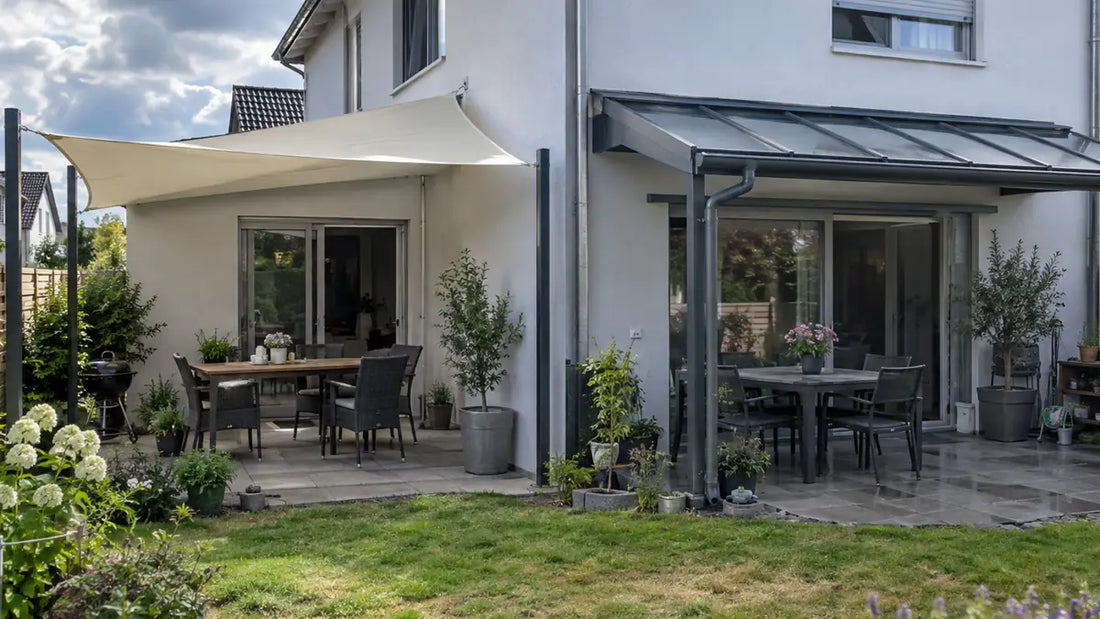 Bewohnte Terrasse mit Sonnensegel neben einer festen transparenten Terrassenüberdachung an einem Einfamilienhaus