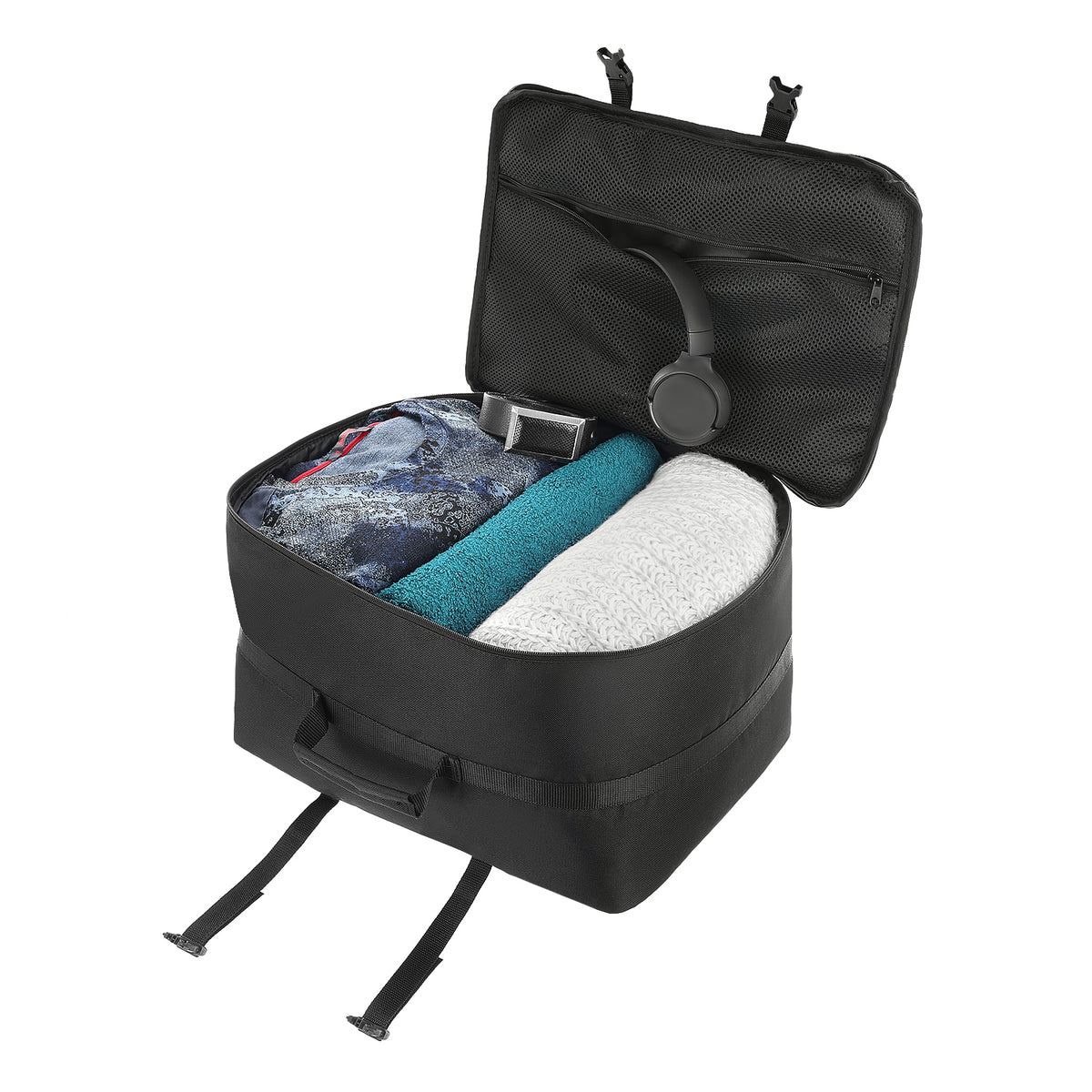 40x30x25 cm / 40x30x20 cm (flexible Maße) Handgepäck Koffer-Rucksack aufklappbar für Eurowings (geöffnet)