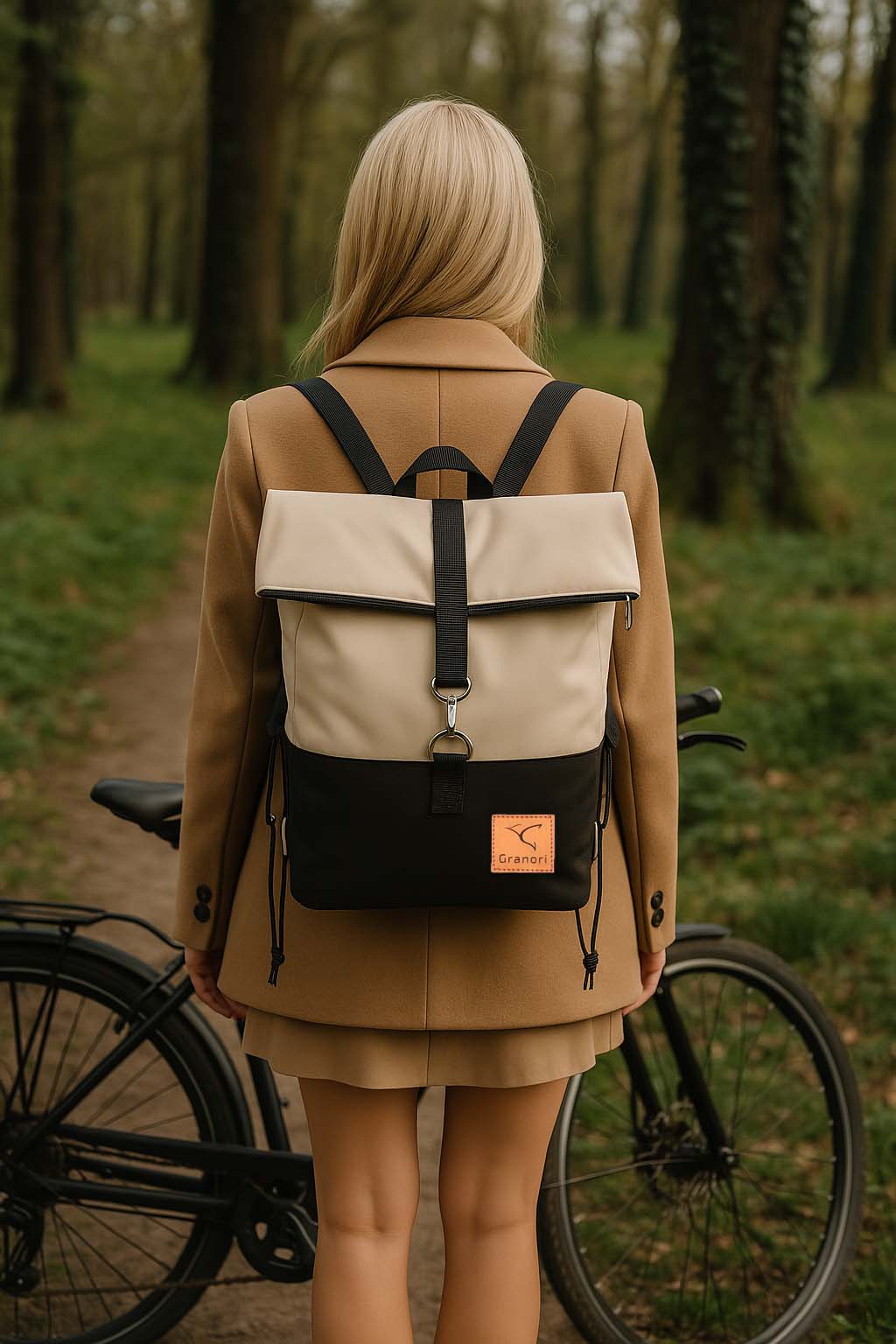 Frau mit Fahrrad Gepäckträger Rucksack für Damen 