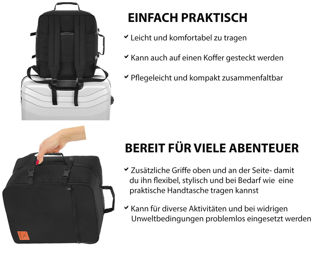 40x30x25 cm / 40x30x20 cm (flexible Maße) Handgepäck Koffer-Rucksack aufklappbar für Eurowings (Infografik)