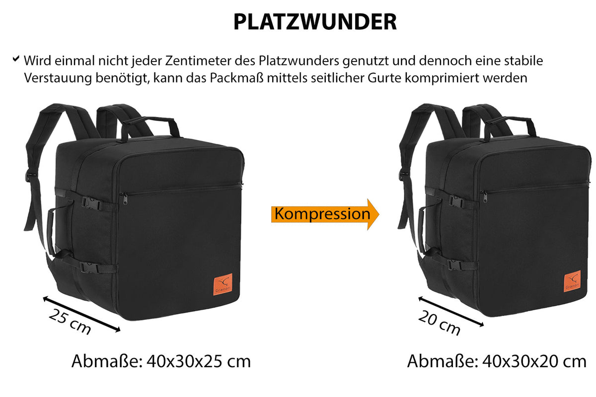 40x30x25 cm / 40x30x20 cm (flexible Maße) Handgepäck Koffer-Rucksack aufklappbar für Eurowings (Beschreibung Kompressionsfunktion)