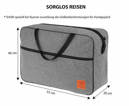 Infografik mit Angabe der Maße für 55x40x20 cm Handgepäck Reisetasche in grau