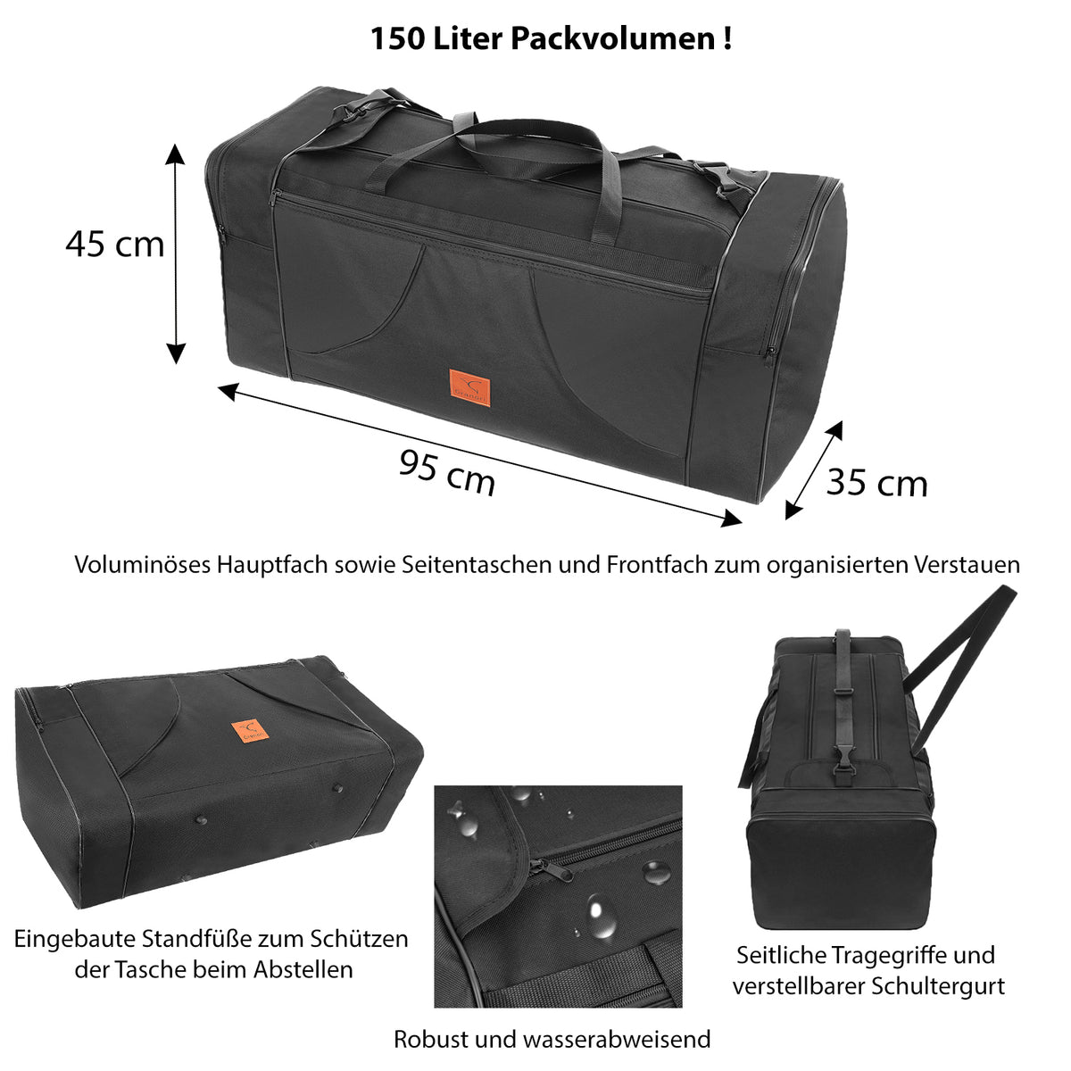 Infografik zur Reisetasche in schwarz mit 150 Liter Volumen von Granori