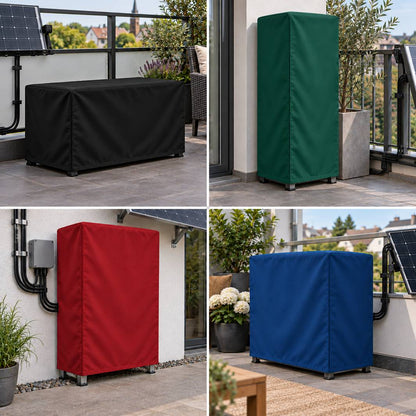 Wasserdichte Abdeckhaube für Batteriespeicher und Solarakku – individuell maßgefertigte Schutzabdeckung für PV-Speicher und Balkonkraftwerk-Akkus im Garten oder auf dem Balkon.