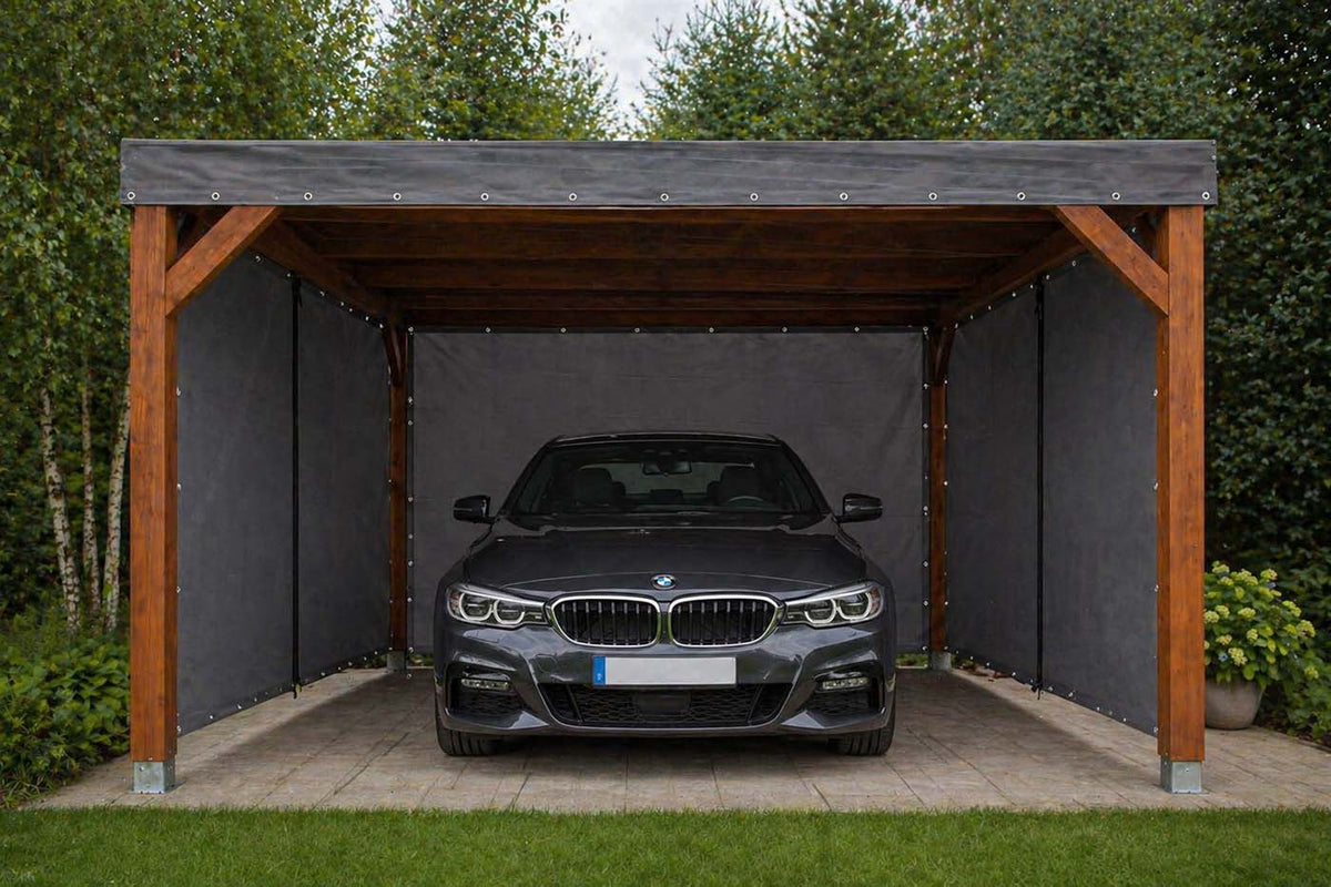 Carport Planenvorhang als flexible Seitenwand für Wind- und Regenschutz