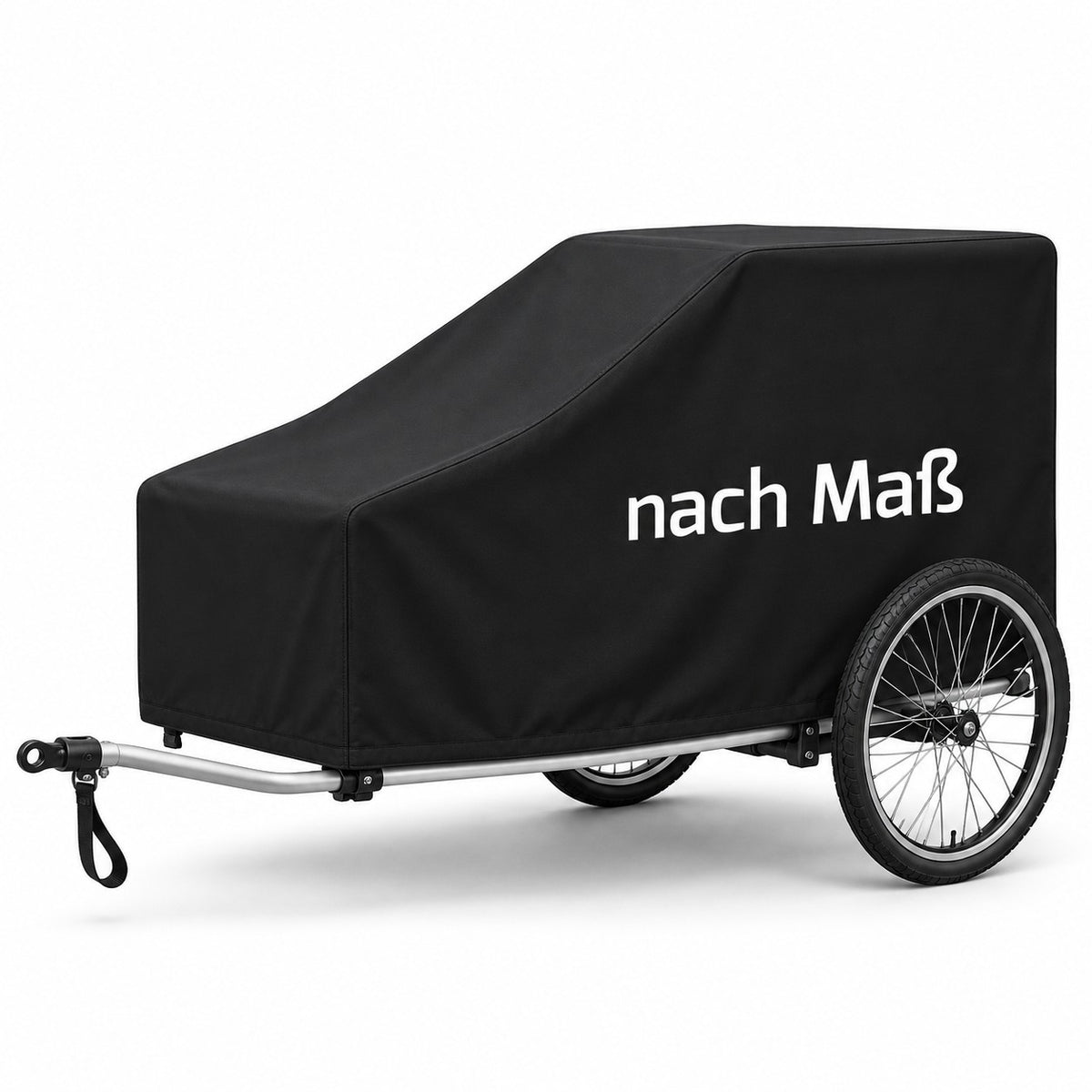 Schwarze Abdeckung nach Maß auf einem Fahrradanhänger mit sichtbaren Rädern und freier Deichsel