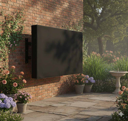 Maßgefertigte Outdoor TV Abdeckung nach Maß im Garten auf der Terrasse