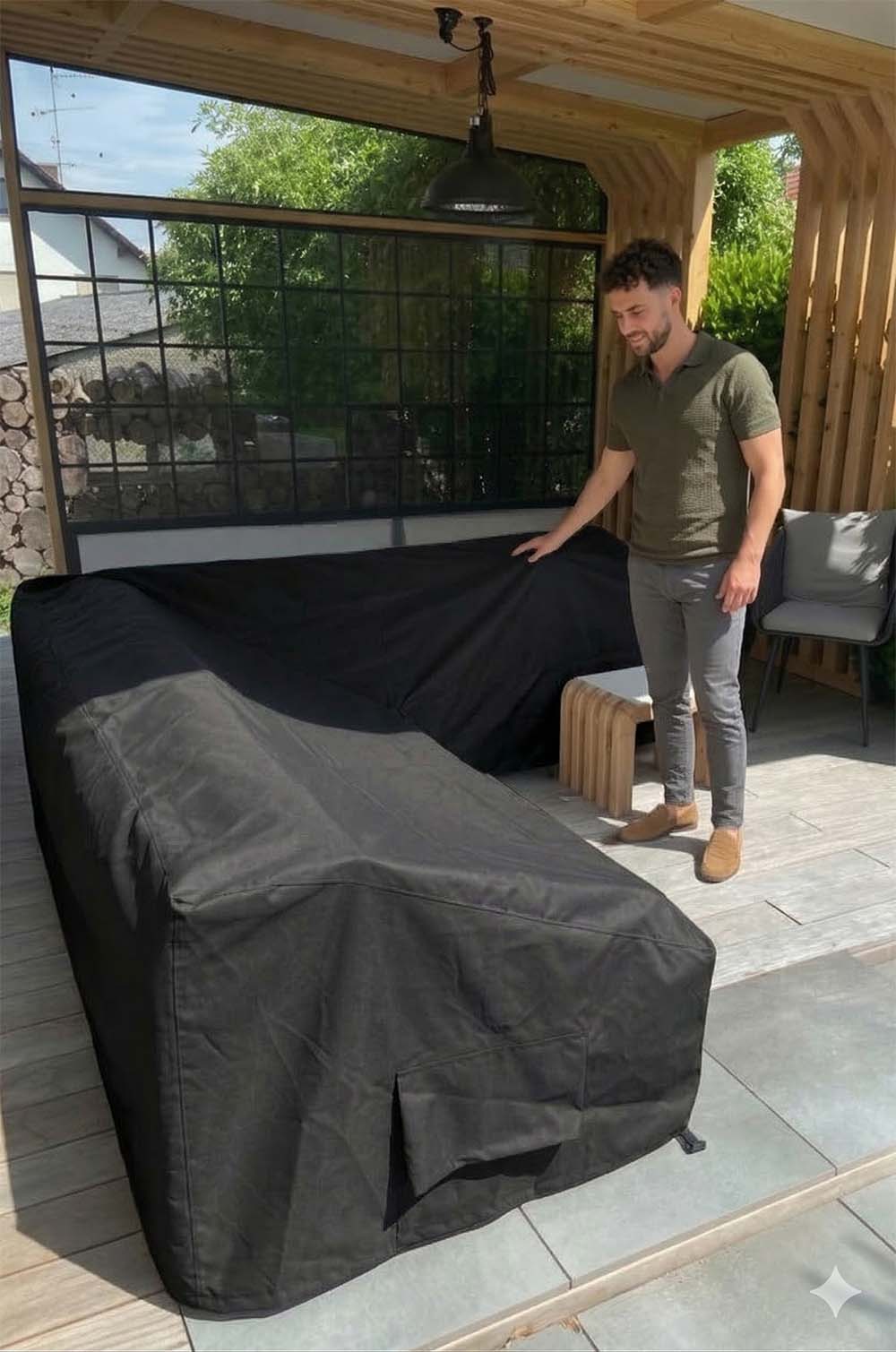 L-Form Gartenlounge Abdeckung nach Maß angefertigt in allen möglichen Größen für wetterfesten und passgenauen Schutz von Loungemöbeln im Außenbereich