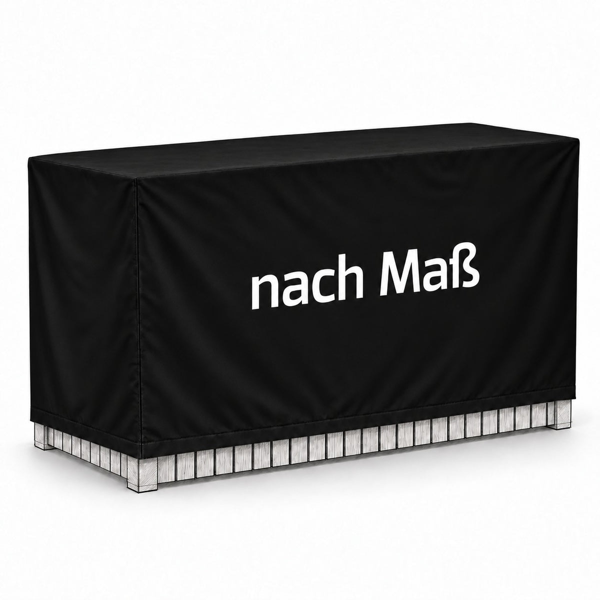 Maßgefertigte schwarze Schutzhülle über einer Gartentheke mit skizziertem Sockel
