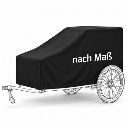 Schwarze Schutzhülle auf einem skizzierten Hundefahrradanhänger, vorne niedriger als hinten