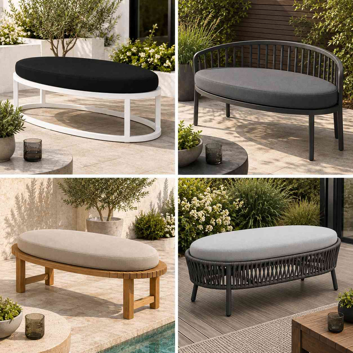 Ovale Outdoor Kissen wetterfest und nach Maß produziert für Garten und Terrassenmöbel