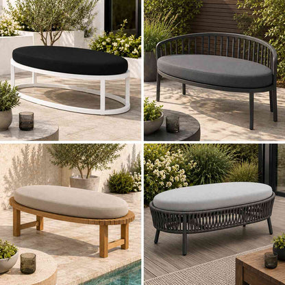 Ovale Outdoor Kissen wetterfest und nach Maß produziert für Garten und Terrassenmöbel