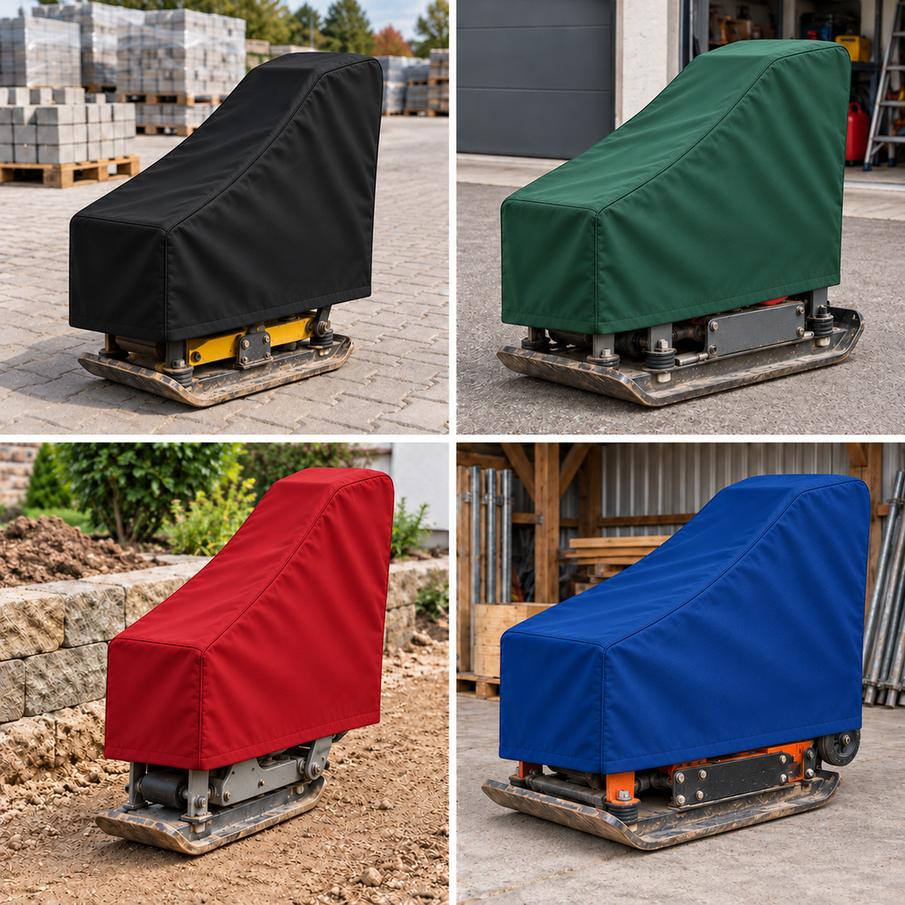 Rüttelplatten mit Schutzhüllen in Schwarz, Grün, Rot und Blau an verschiedenen Stellplätzen
