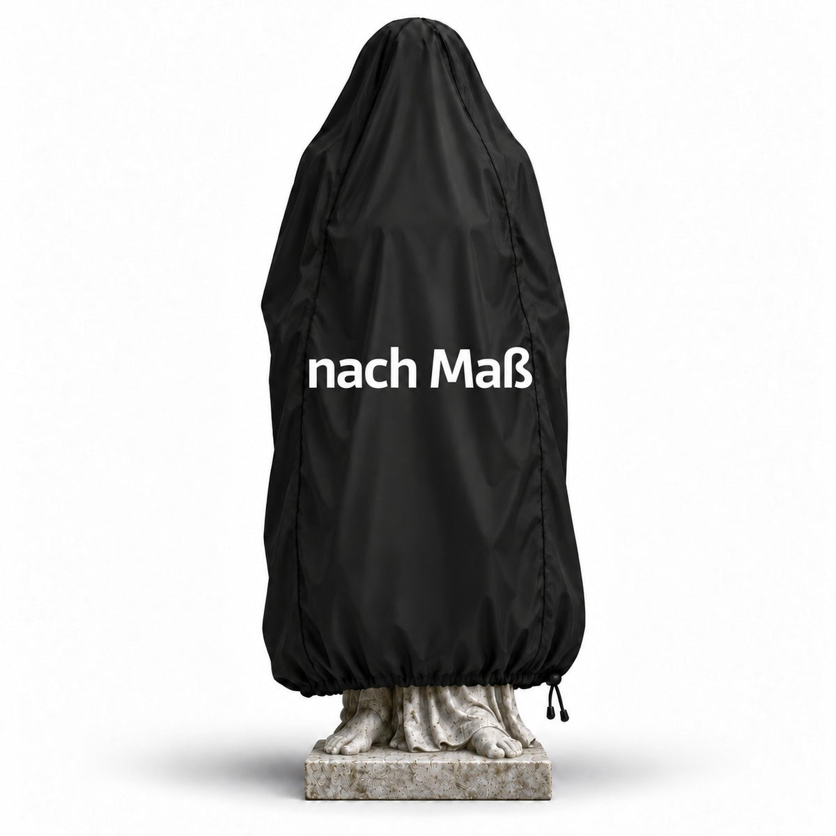 Schwarze wasserdichte Abdeckung nach Maß über einer Statue