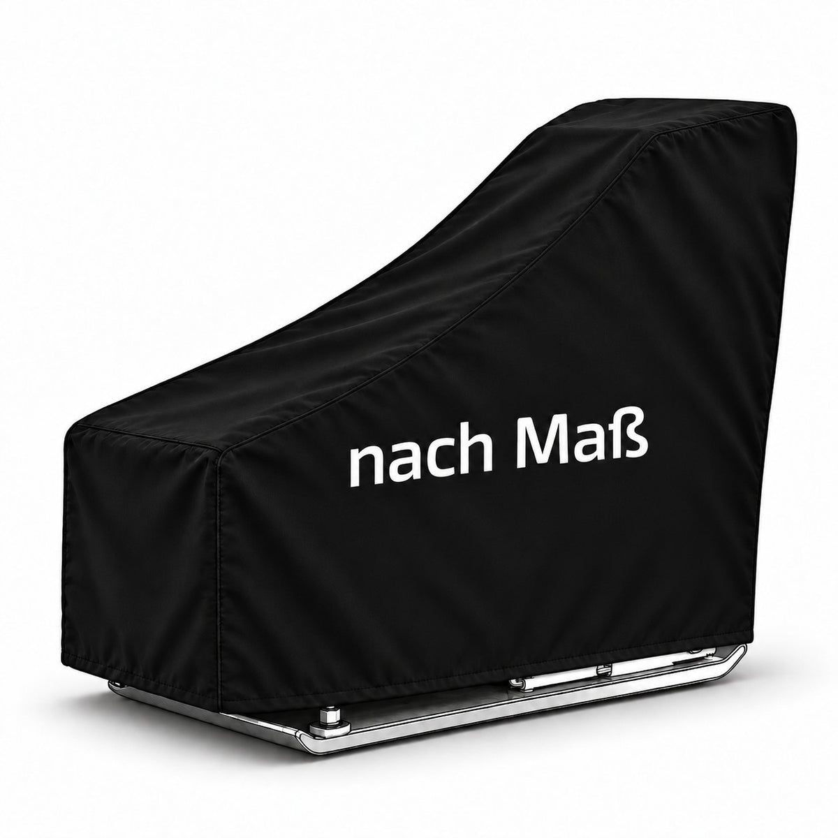 Maßgefertigte Schutzhaube für eine Verdichtungsplatte, seitlich mit angedeutetem Maschinenunterbau